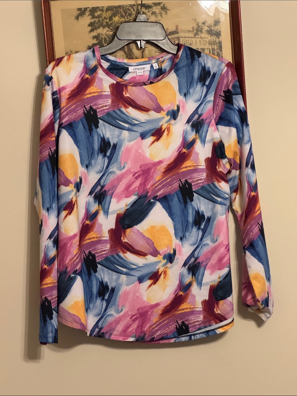 Chicos Women’s Multicolor Abstract Brushstroke Long Sleeve Top  Large